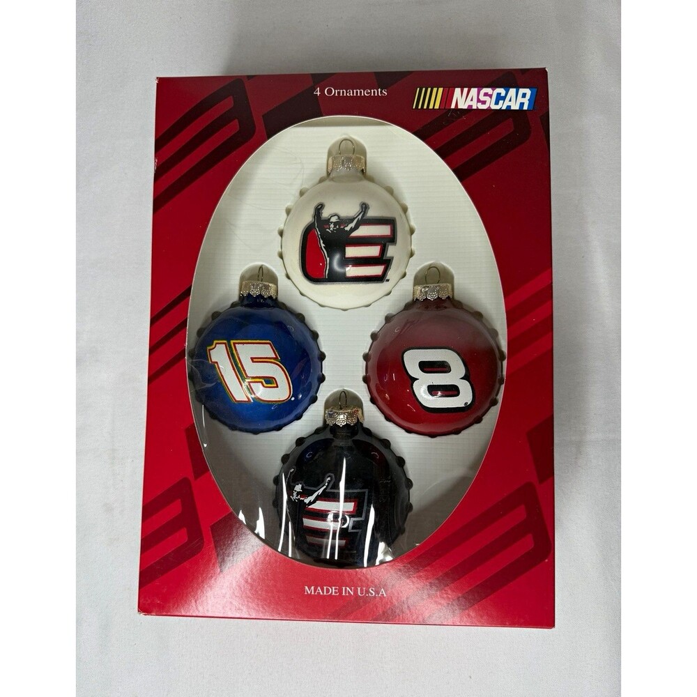 NASCAR Christmas 4pc Glass Ball Bauble Ornament Set Logo Multicolor 2004